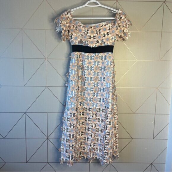 Self-Portrait 3D Floral Guipure Lace Off-Shoulder Midi Dress Pink Blue - Picture 2 of 11